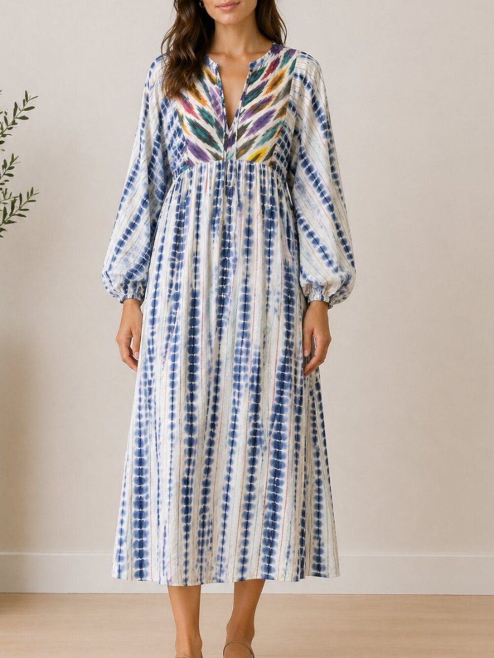 warm Tie Dye Midi Dress Boho Cotton Blue White L